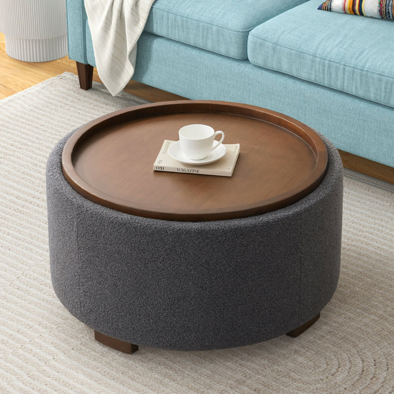 Caysey 30.1" W Upholstered Round Storage Ottoman with Wooden Tray, Gray