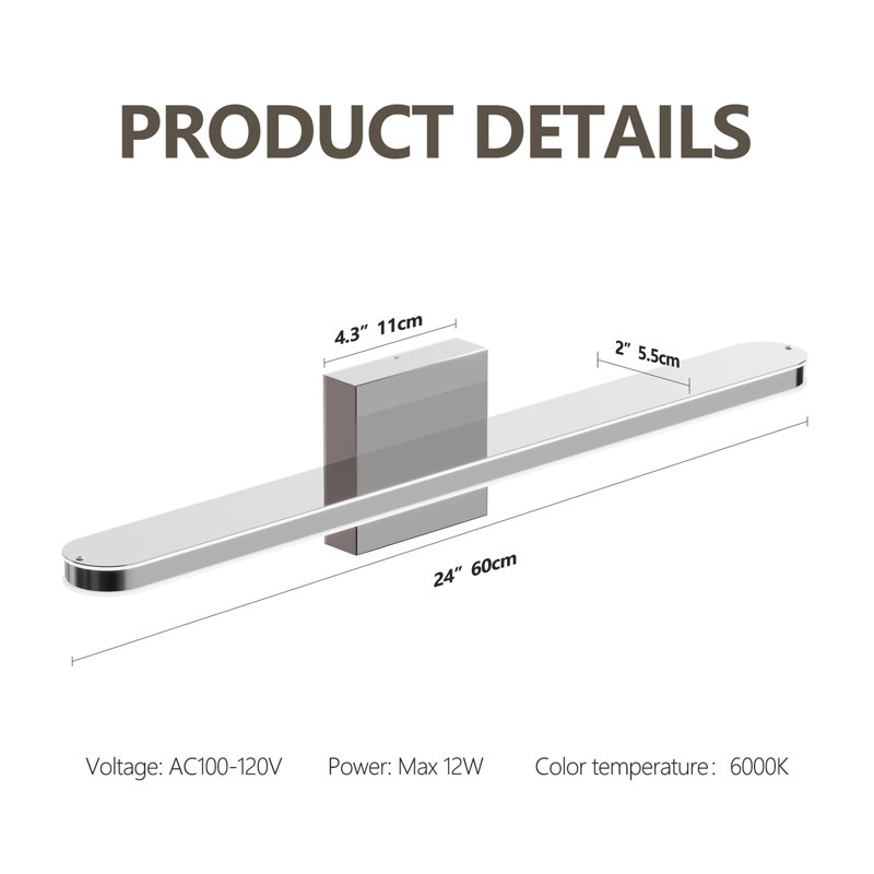 Luminaires de salle de bain modernes à intensité variable à DEL pour meuble-lavabo à DEL avec lampes chromées pour miroir de salle de bain 24 po.