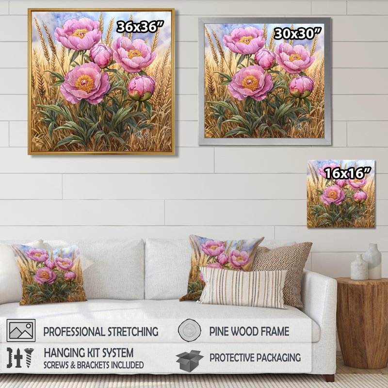 Pe pivoines dans le champ de blé III - pivoines, art mural sur toile, Toile tendue, Ne s’applique pas, H 16 po x l 16 po