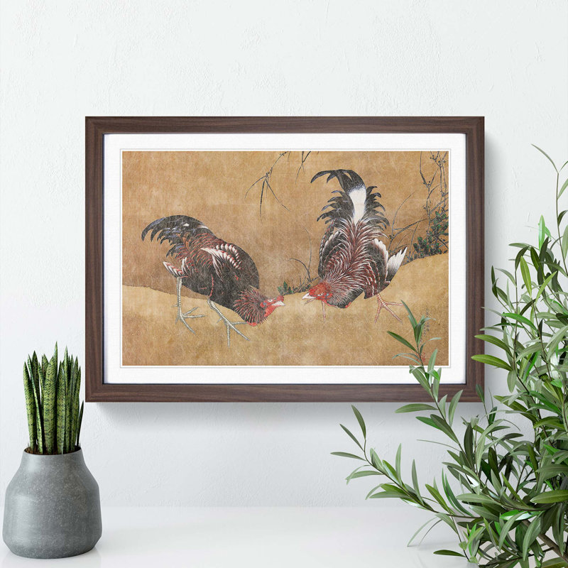 Gamecocks by Katsushika Hokusai - Framed Print, 36cm H x 48cm W x 2cm D, Walnut Framed