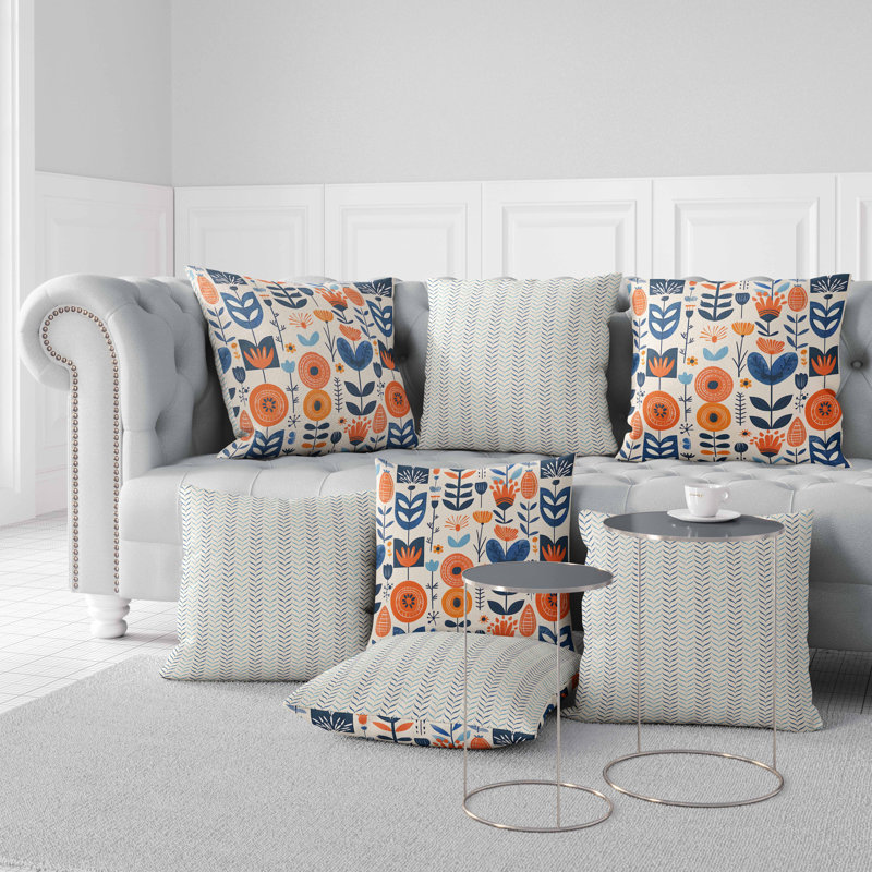 Coussin en suède Baltic Blossoms, Square 16", Bleu / beige / orange