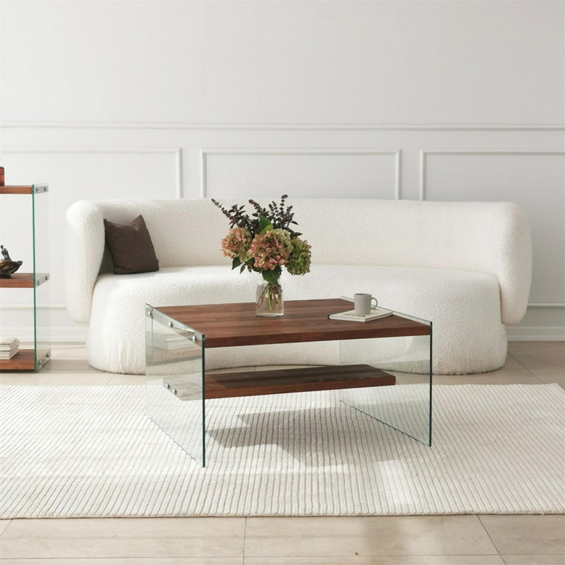 Modern Coffee Table, 100% Tempered Glass Top with 100% Pine Solid Wood Frame, 29.5 x 15.7 x 29.5 inches | Natural Brown Color, Elegant & Durable Design | Perfect for Living Room & Contemporary Spaces