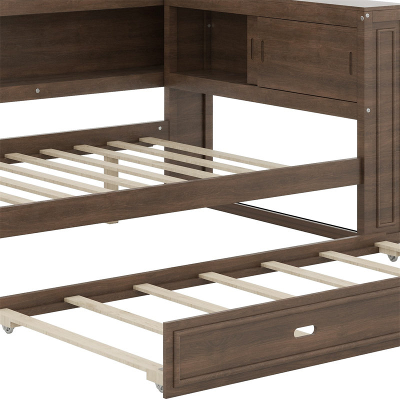 Lit de jour avec tablettes de rangement, USB, DEL et lit gigogne, Bois antique