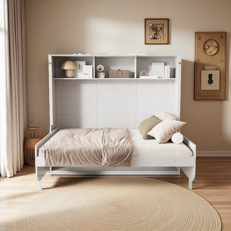 Lit escamotable double avec bureau, blanc antique