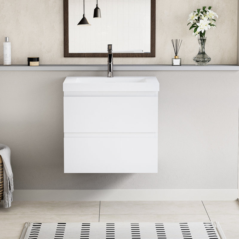 Meuble-lavabo de 30 po avec lavabo, lavabo en résine, tiroirs à fermeture en douceur. Blanc brillant 24V11-30Gw. Élégant meuble-lavabo flottant avec évier. Comptoir moderne, ajout pratique