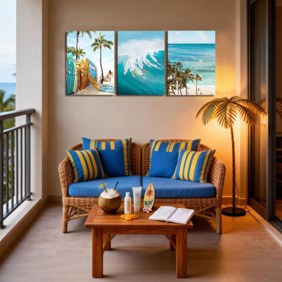 3 pièces de vagues de plage, art mural sur toile, affiches côtières, impressions encadrées de 12 x 16 pouces, surf tropical et palmier, décoration murale pour salon, chambre à coucher, véranda, bureau, etc.