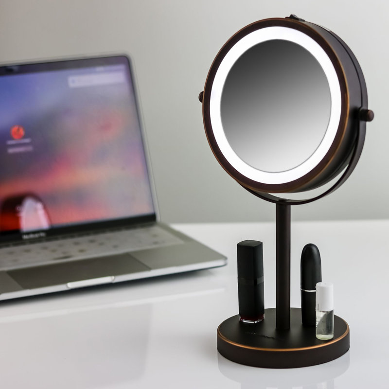 OVENTE 6" Lighted Makeup Mirror with 1X/7X Magnification, Cordless Tabletop Mount Vanity Round Mirror with 360° Swivel Design and Double Sided Cool Tone LED Ring Light, Antique Bronze MLT60ABZ1X7X