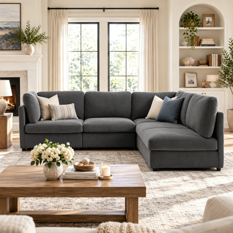 Canapé modulaire 5 pièces 5 pièces, Mélange de polyester gris foncé