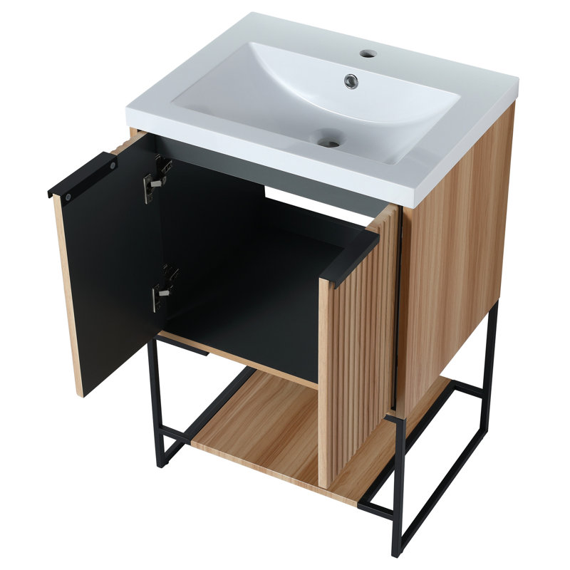 Armoire de salle de bain autoportante de 24 pouces - Lavabo en résine, fermeture en douceur, espace de rangement suffisant avec décoration moderne, porte à fermeture en douceur pour, option de rangement