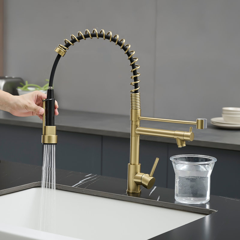 Robinet de cuisine commercial avec douchette rétractable, poignée simple en acier inoxydable, Or brossé