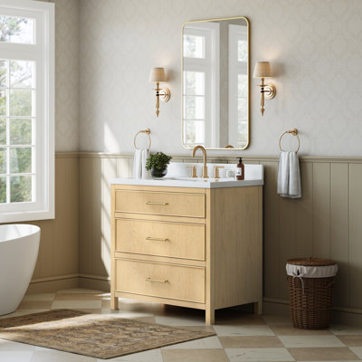 Meuble-lavabo simple 36 po Isola en noyer grillé, comptoir en quartz blanc, lavabo carré encastrable (3 trous), garniture noir mat