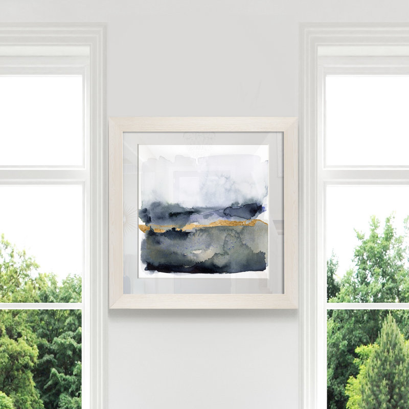 « Golden indigo II », peinture sur papier encadrée, H 35,5 po x l 35,5 po x P 1,5 po, Cadre blanc