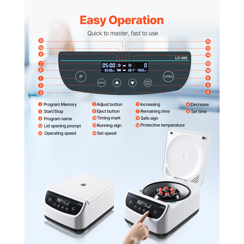 Centrifuge Machine 2/5/10/15/50ml Speed 500-4000rpm with 1 Rotor and Timer
