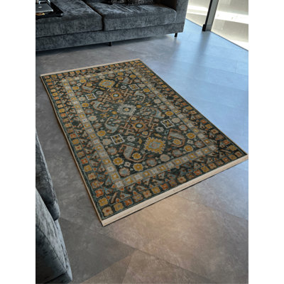 Yellow Green Themed Multicoloured Traditional Motif Floral Patterned Vintage Decorative Carpet