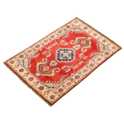 Tapis unique en laine noué à la main rouge Gazni des années 2010 de 3 pi 6 po x 5 pi 1 po Qaiden