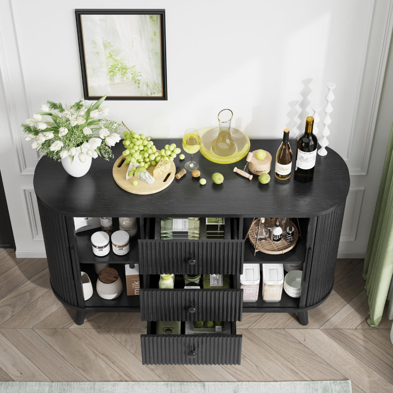 Buffet cannelé, buffet moderne de 47 po avec portes coulissantes et 3 tiroirs, table basse avec tablette ajustable, console moderne pour la cuisine, vestibule