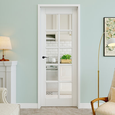 Porte pré-suspendue en verre transparent de 30 po x 80 po à 10 lumières avec levier incurvé et charnières argentées, dalle de porte en verre transparent, pouvant être peinte et imperméable, combinaison pour la lessive, portes de placard, portes de pièce, droite