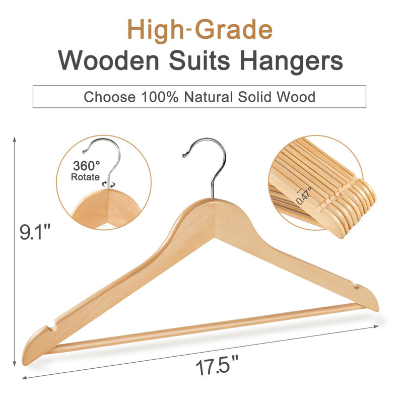 Paquet de 30 cintres en bois, cintres en bois naturel, cintre durable avec crochet rotatif à 360 degrés, barre antidérapante pour pantalons et crans d'épaule