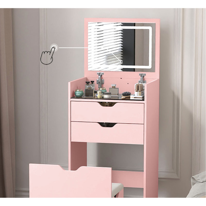 Coiffeuse et tabouret, ensemble de coiffeuse multifonctionnel 3-en-1, comprenant trois modes d'éclairage, un miroir HD, deux tiroirs coulissants et un tabouret de rangement caché.