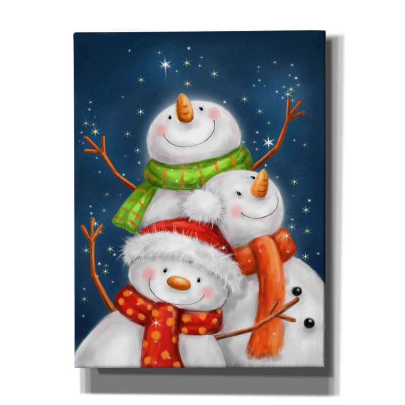 Trois bonhommes de neige fond bleu par Makiko - reproduction d'art sur toile tendue, H 16 po x l 12 po x P 0,75 po