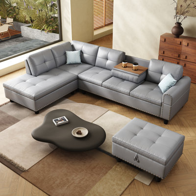 97.5"Oversized Sectional Leather Couch, L Shaped Couch with Ottoman