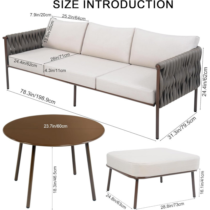 Canapé modulaire d'extérieur en métal 3 pièces