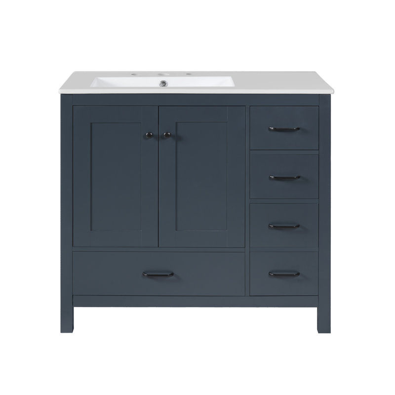 Meuble-lavabo de 36 po avec lavabo en céramique, 2 portes à fermeture en douceur et 5 tiroirs, bleu, Bleu