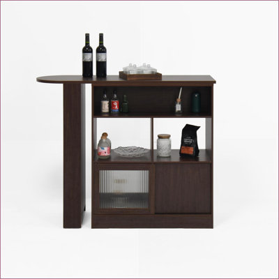 Armoires de bar: moderne avec plateau tournant, 6 rangements, portes en verre nervuré - brun noyer | Panneau de particules | Cuisine