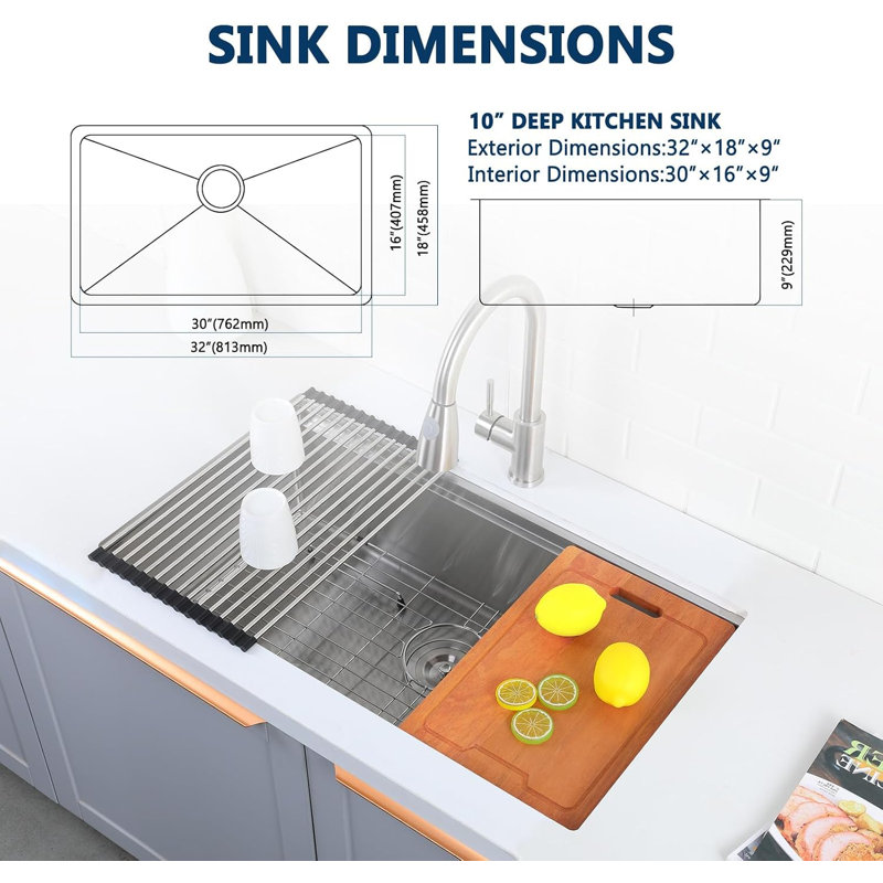 Évier de cuisine à double cuve en acier inoxydable 33 po L, Nickel brossé
