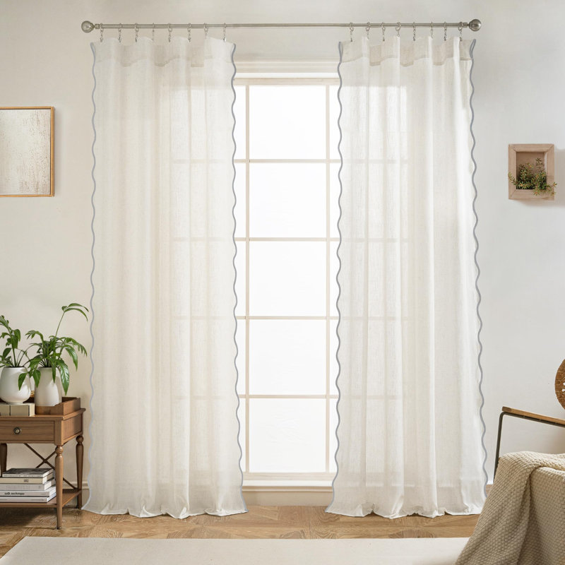 Semi Sheer Scalloped Edge Linen Coastal Beach Window Curtains for Living Room Bedroom 2 Panels Rod Pocket, 52" W x 90" L