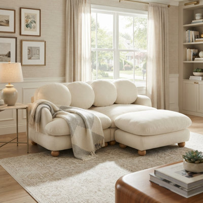 Canapé 2 places moderne en chenille de 173 cm avec pouf flexible, 4 coussins ronds et pieds en bois massif, blanc crème