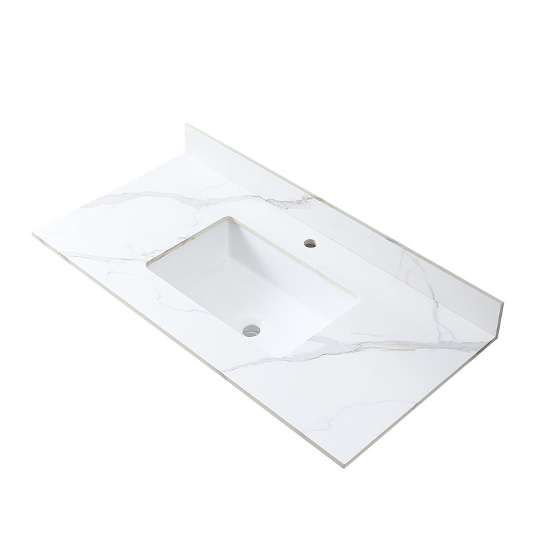 Élégant plateau de meuble-lavabo en pierre frittée 43 x 22 avec lavabo en céramique et dosseret complémentaire doré