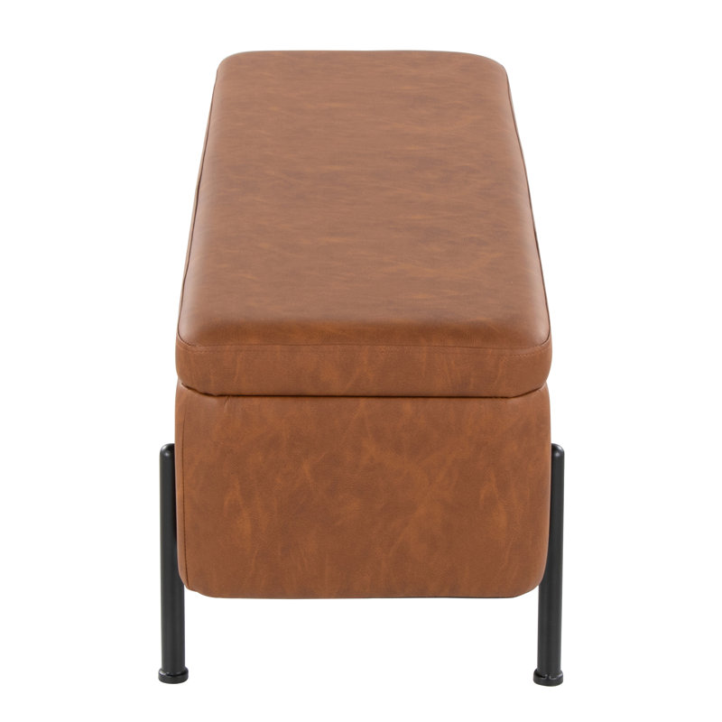 2-Seat 43 Inch Storage Bench, Camel Faux Leather Upholstery, Black Steel Frame, Flip-Top Storage for Bedroom and Entryways