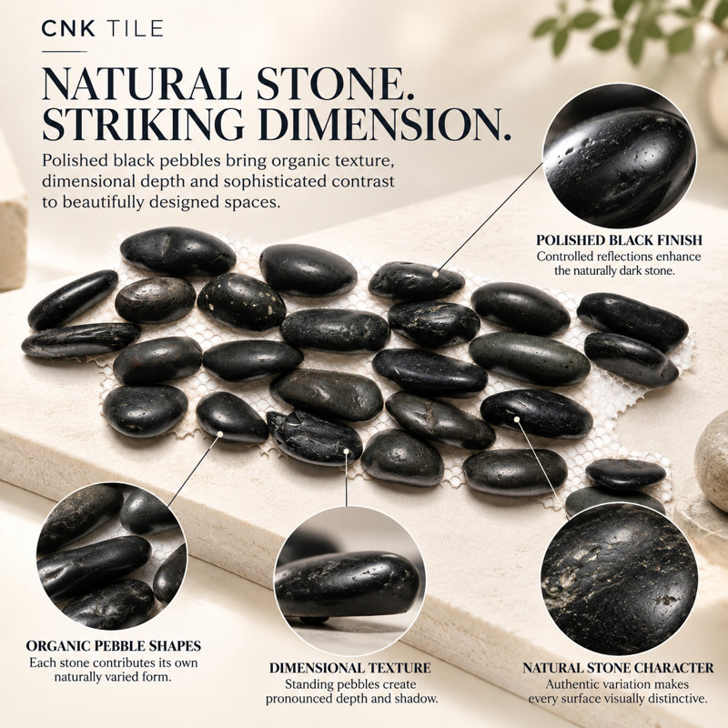 CNK Polished Black Standing Pebble Tile