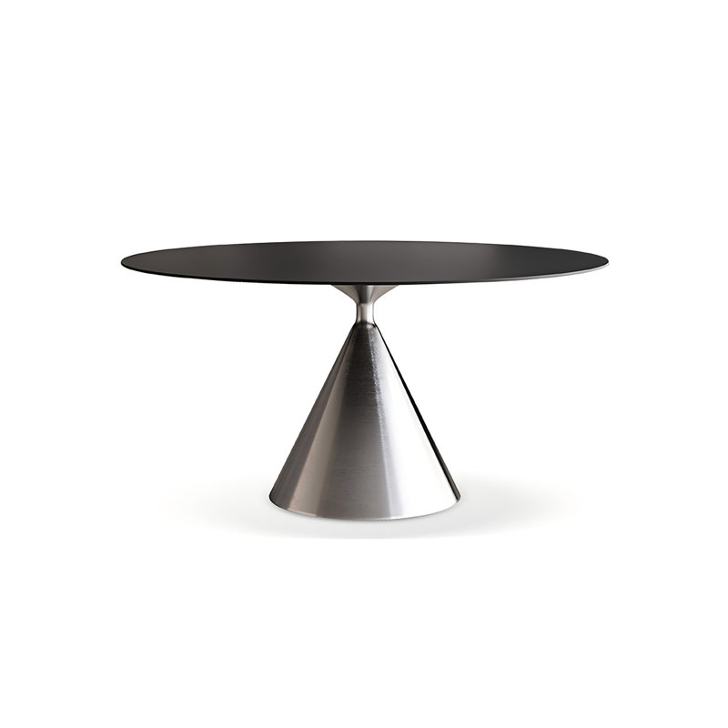 Table de salle à manger moderne et luxueuse avec dessus en pierre frittée et piètement en acier inoxydable