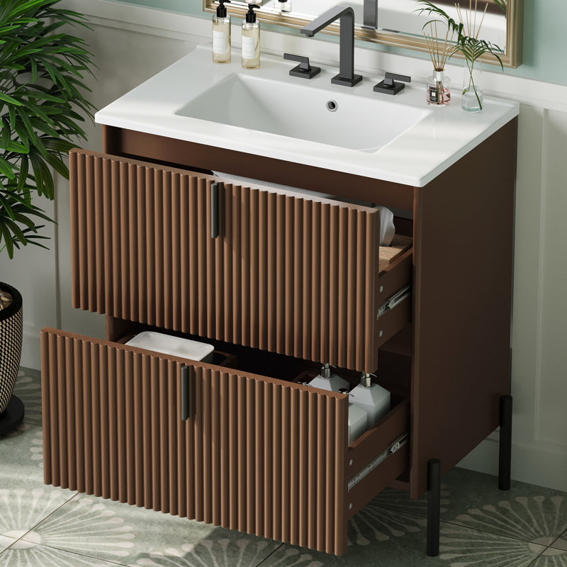 Meuble-lavabo 30 po avec lavabo en céramique, Marron foncé