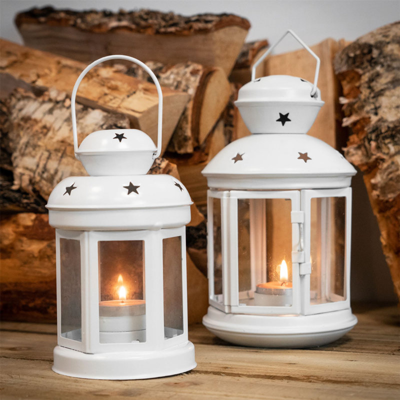 Nicola Spring - Metal Hanging Tealight Lanterns - 2 Sizes, White 