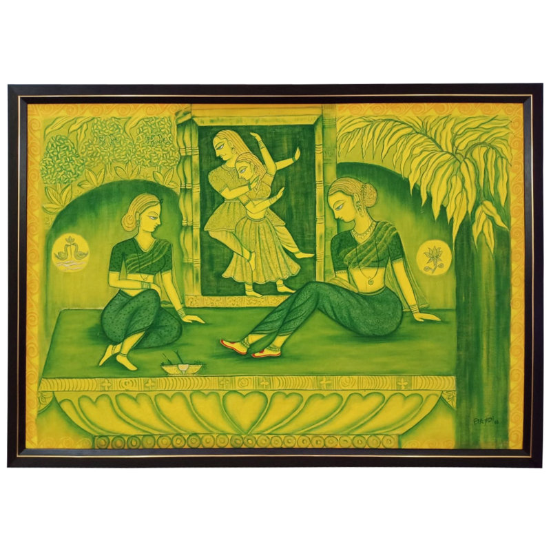 Aalta - Femmes se teignant les pieds - rouge | Pigments naturels sur toile | Par Ekta Jain | Avec cadre