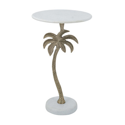 14x14x24" Round End Table With Marble Top And Palm Tree Design