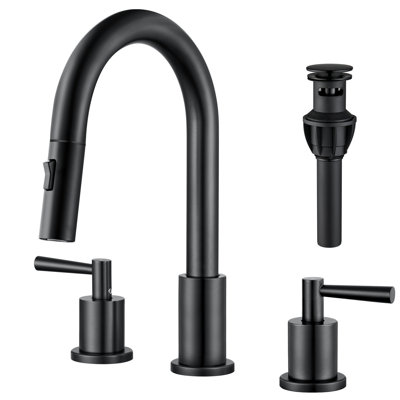 8 po Robinet de lavabo de salle de bain escamotable à deux poignées avec bec double mode et drain escamotable
