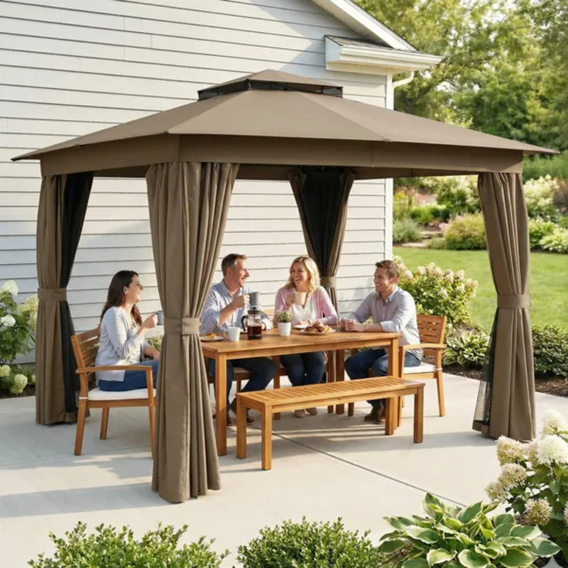 Pavillon de jardin extérieur 10 'x 10', abri à toit souple avec rideaux, filet, structure en acier et crochet de plafond