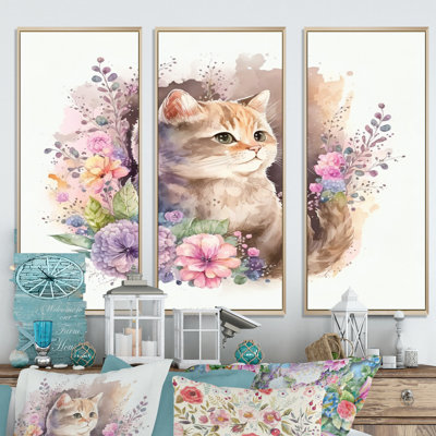Petit chaton entouré de fleurs colorées II - animaux, ensemble d'art sur toile_80575