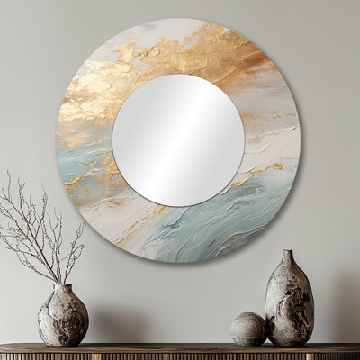 Golden And Blue Beach Tranquility IV - Beach Wall Mirror, Beige Round Decorative Mirror, Printed Metal Art