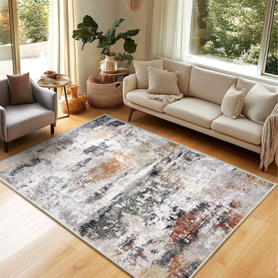 Tapis 4 x 6 pi lavable à la machine, tapis d'aspect cachemire avec envers antidérapant et bordure durable, tapis moderne de style peinture à l'huile convenant au salon, à la chambre à coucher et à la salle à manger