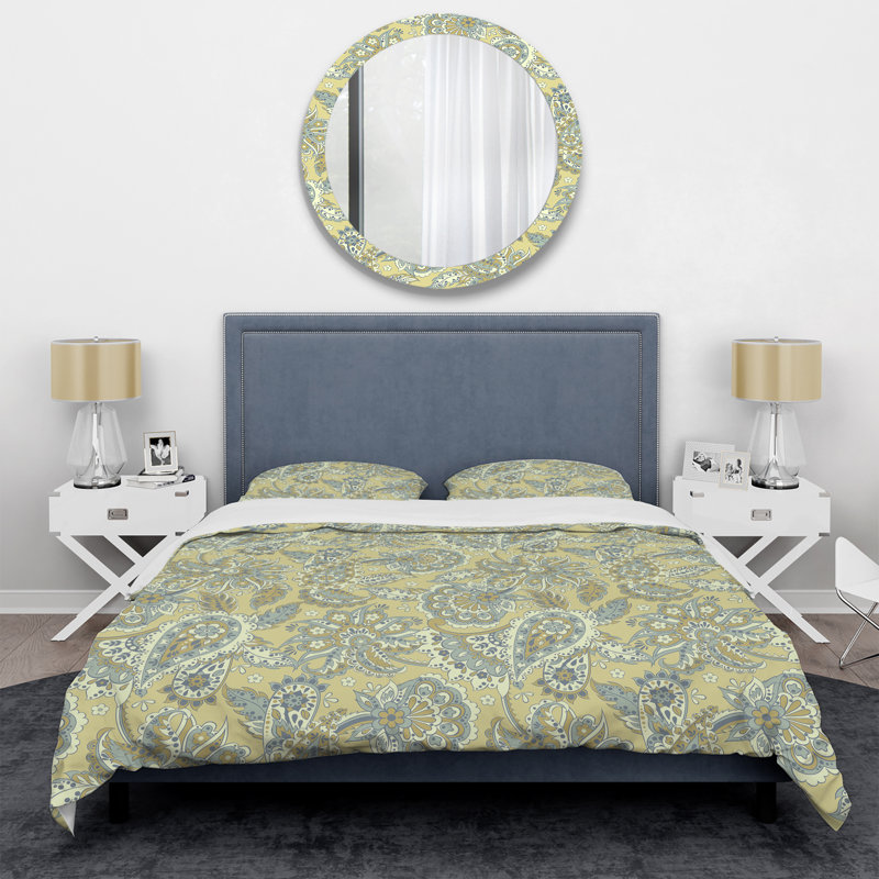 Ensemble de housse de couette motif floral à motif cachemire vert et gris, Housse de couette pour très grand lit et 2 très