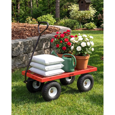Chariot de jardin robuste en acier de 181 kg (400 lb) avec côtés en filet amovibles - Convertible en plateau - Pneus tout-terrain pneumatiques de 25 cm (10 po) - Poignée pivotante à 180 ° - Rouge - GOR410