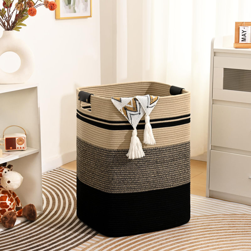 Large Laundry Hamper, 85L Tall Woven Clothes Basket With Leather Handles - Cotton Fabric Storage Organizer For Bedroom, Nursery, Laundry Room, Collapsible Rectangle Dirty Clothes Bin