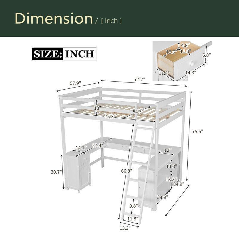 Lit mezzanine avec bureau en U, tiroirs et tablettes de rangement, Lit double, Blanc