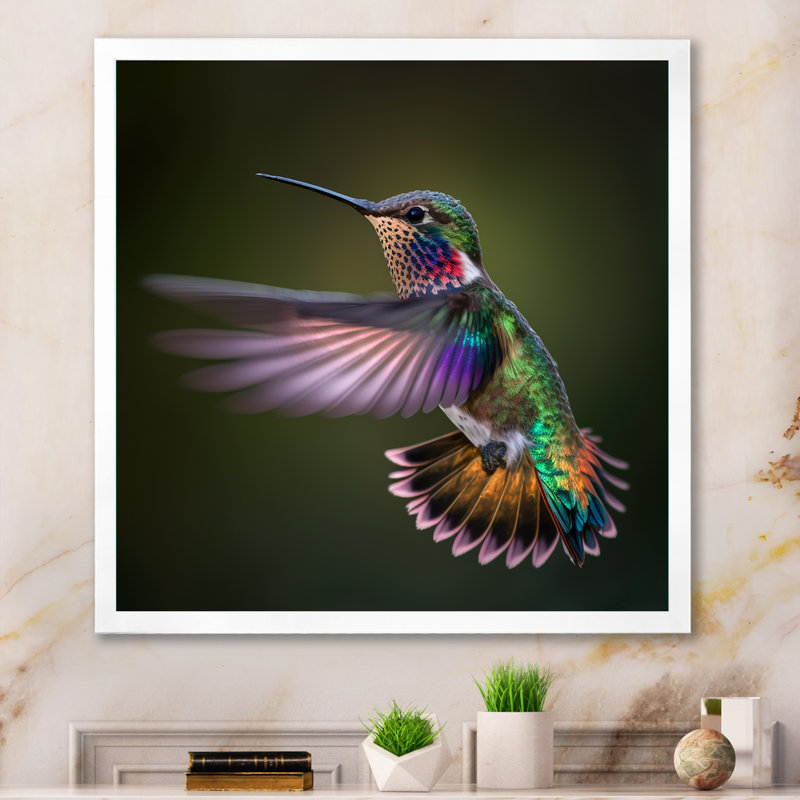 Colibri mauve planant dans la nature - impression, H 30 po x l 30 po x P 1 po, Cadre photo blanc