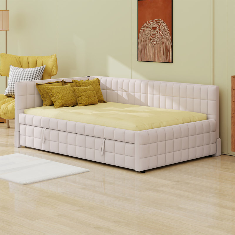L-Shaped Upholstered Daybed With Pop Up Trundle And USB Ports, Beige